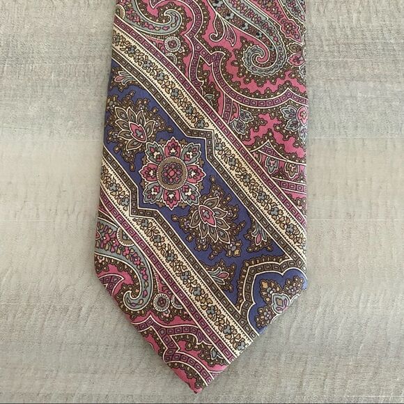 Vintage Lands End Paisley Long Silk Tie Pink Blue Gray - Picture 1 of 3